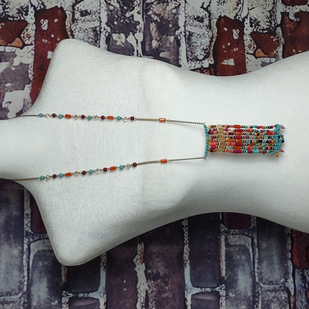 Artisan Crafted Seed Bead Panel Fringe Necklace